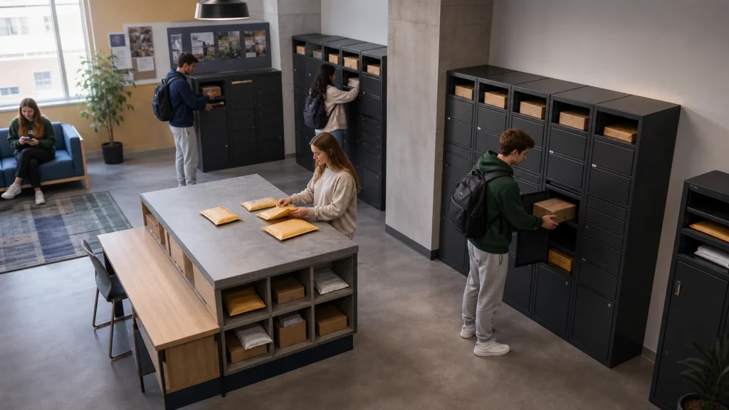 Campus mailroom with compact parcel boxes helping students and staff manage frequent dormitory and university package deliveries.