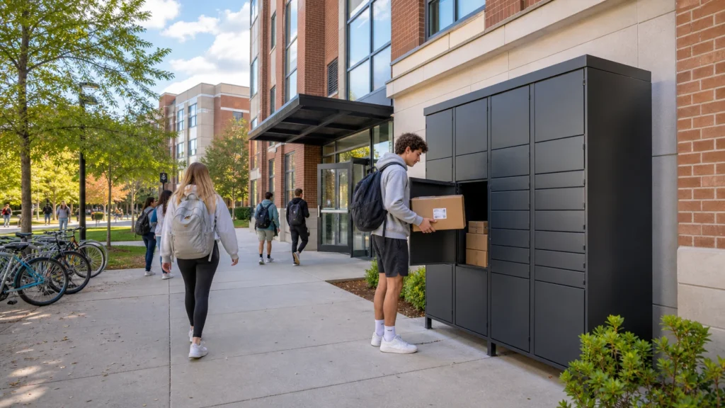 Large parcel box at a university dormitory or campus mailroom helping students and staff manage frequent deliveries