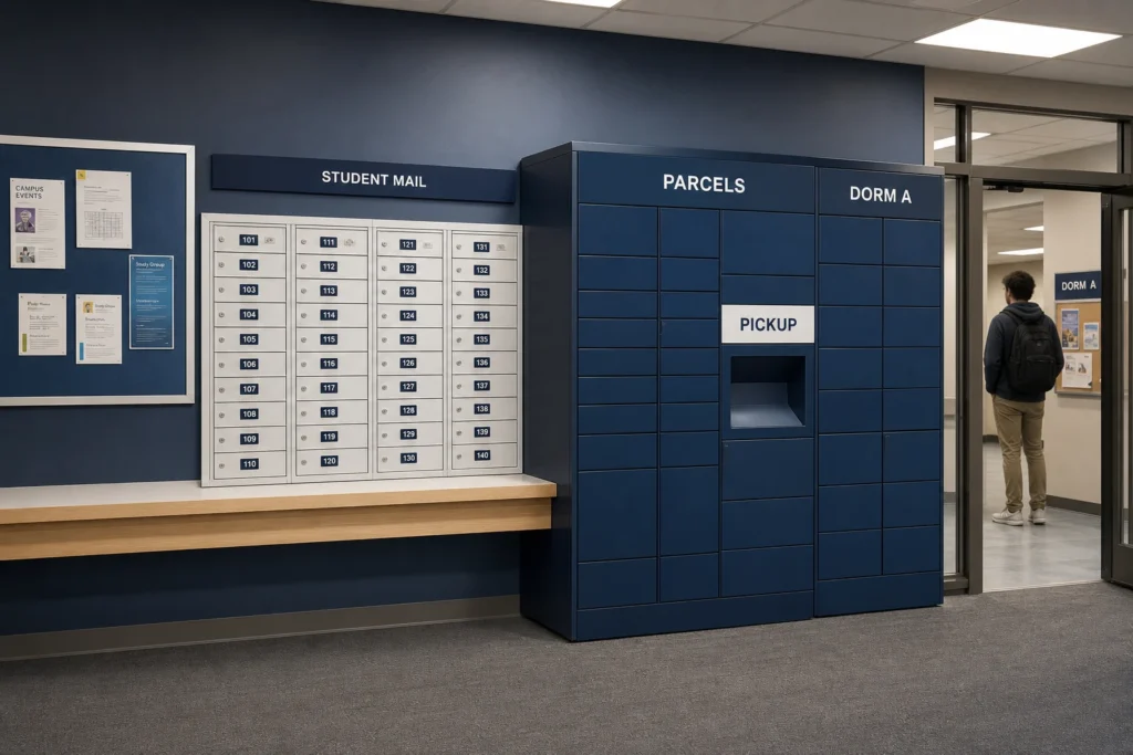 Campus mailroom with student mail signs, parcel labels and numbered mailbox plates for dormitory package pickup