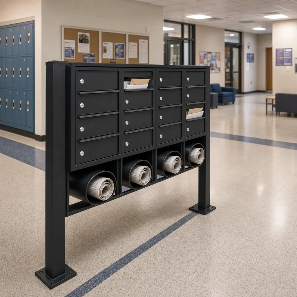 Freestanding mailbox system with newspaper holder slots in a campus mailroom for frequent student and staff deliveries