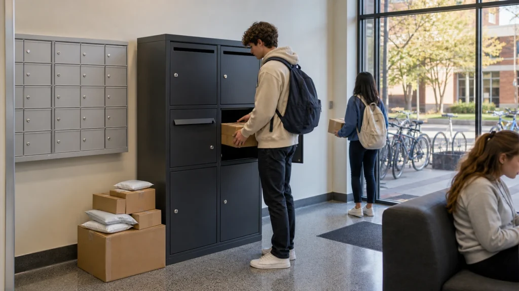 University medium parcel box solution for dormitories, student housing, mailrooms, and frequent campus deliveries.