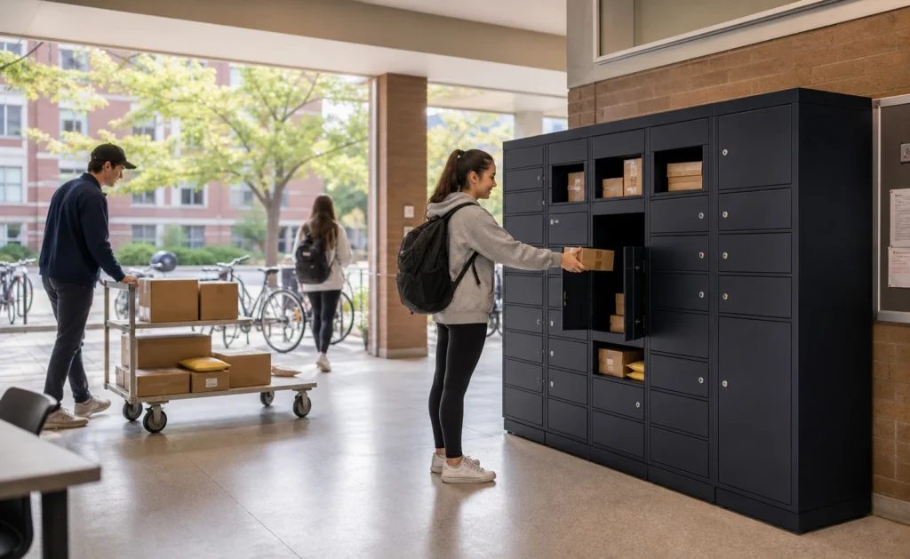 Secure parcel letterboxes in a campus mailroom supporting frequent student housing deliveries and convenient package pickup