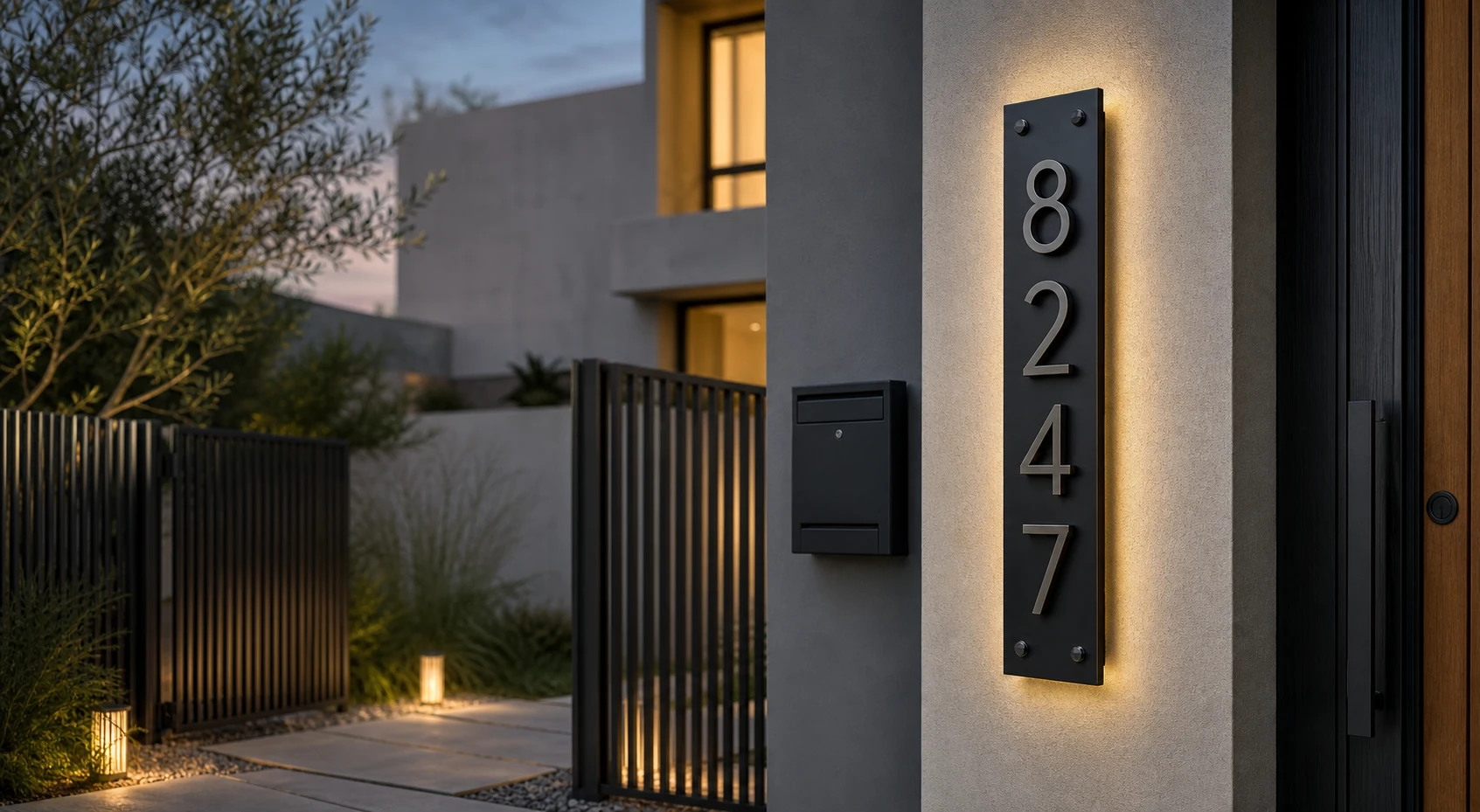 Modern exterior entrance with vertical metal house numbers on a narrow wall, showing custom address signs for homes, mailboxes, gates and property projects