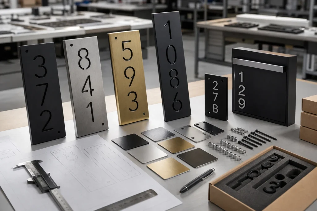 Manufacturing sample bench with vertical house number prototypes, custom finishes, mounting hardware and packaging for private-label projects