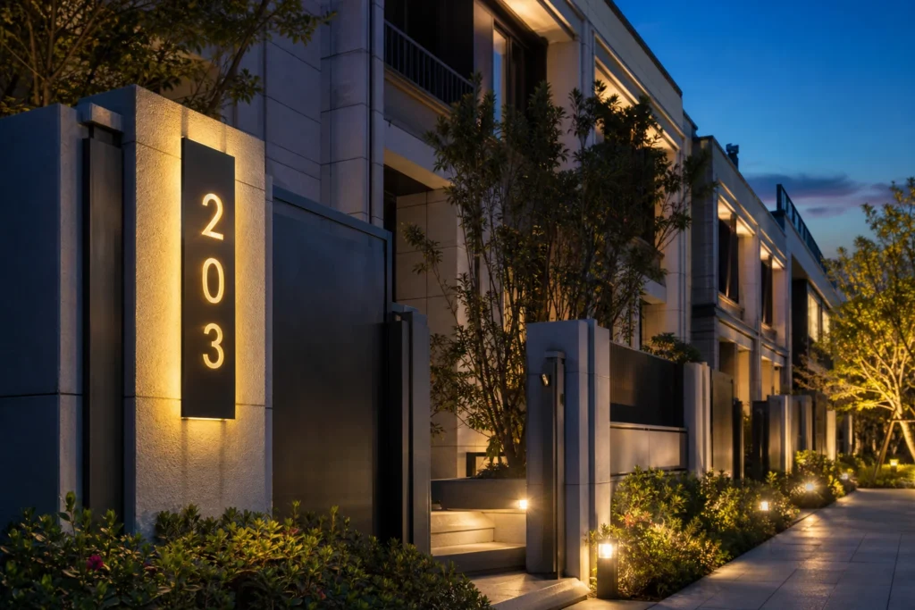 Backlit vertical address plaque on a luxury villa entrance wall for premium residential property projects