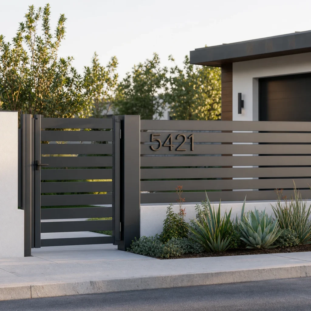 Durable metal house numbers installed on a street facing gate and fence
