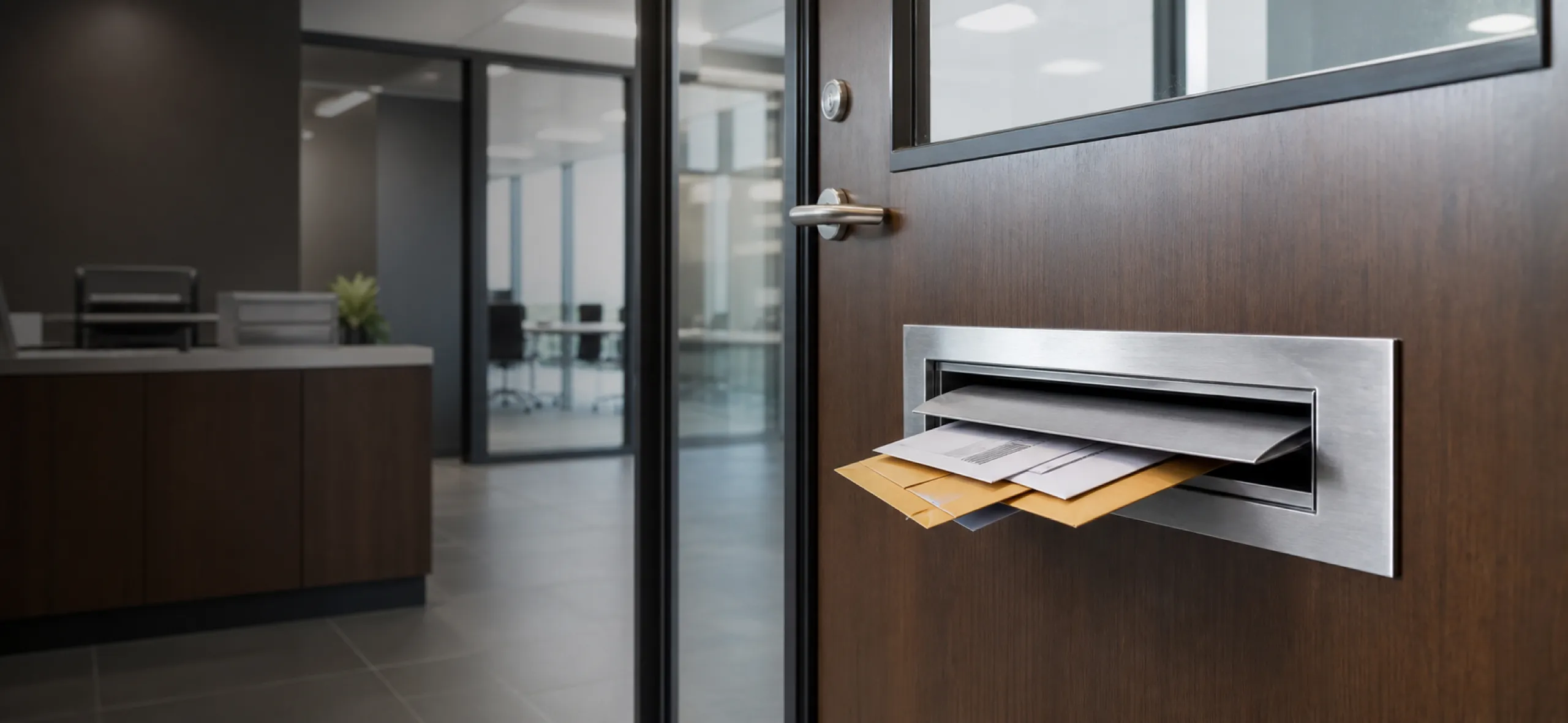 Commercial office door mail slot for secure document and envelope delivery in a modern workplace entrance