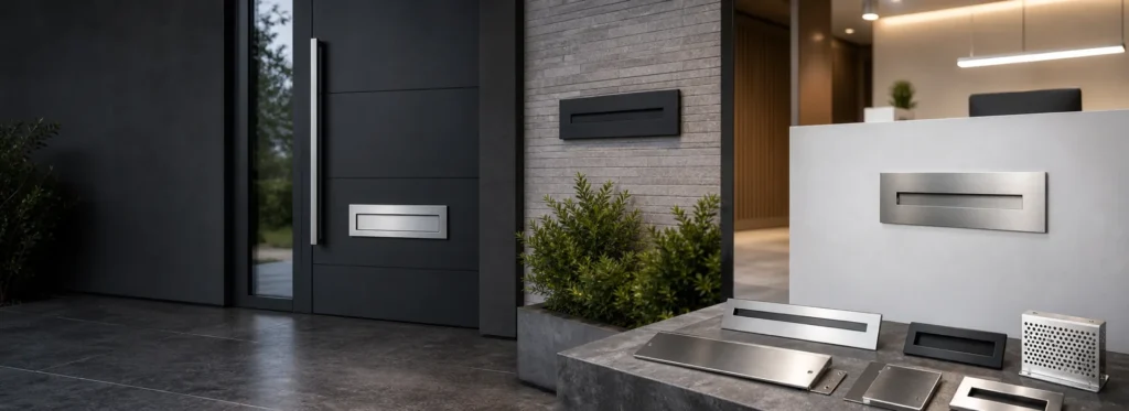 Custom metal mail slots installed on doors, office partitions and wall pass-through systems for residential and commercial projects