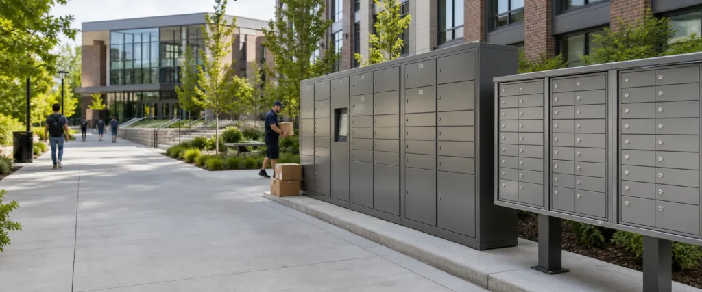 Secure university parcel boxes and campus mailbox system installed near student housing and campus buildings for organized student and staff deliveries