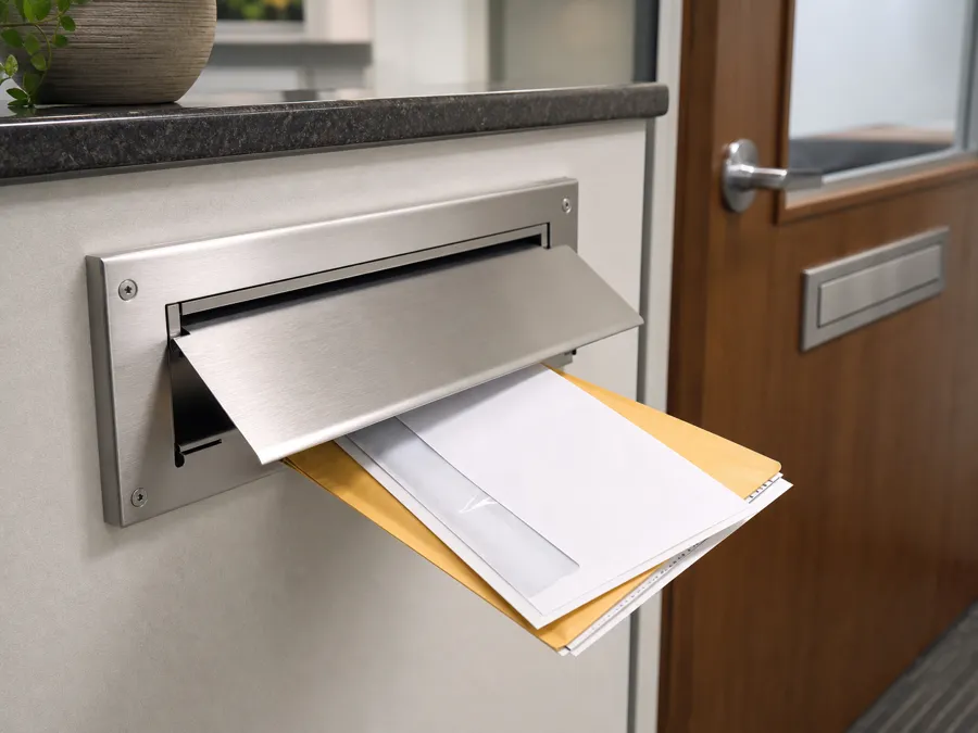 Brushed metal mail slot installed through an office partition for letters envelopes and document delivery