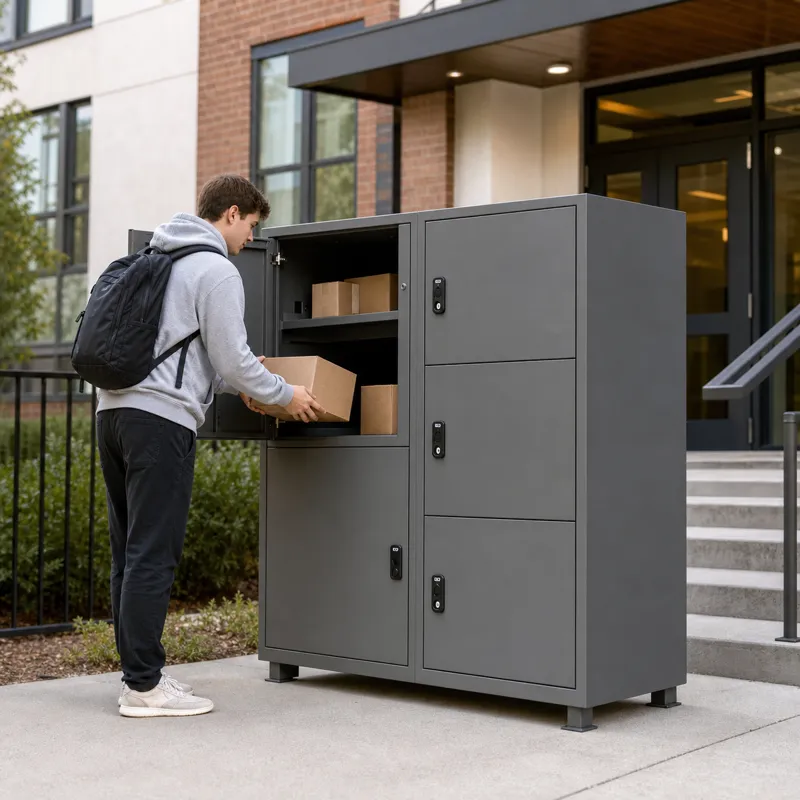 Large lockable parcel box at a university student housing entrance for regular campus package deliveries and shared collection points