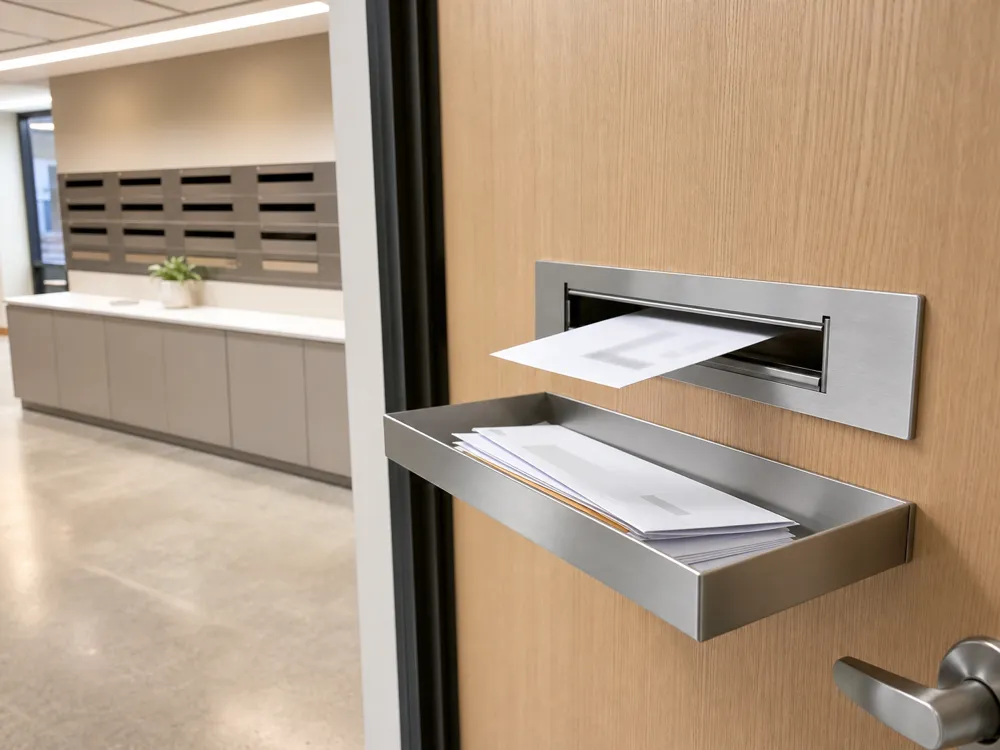 Office mail slot installed in a shared office mailroom to keep letters documents and internal mail organized