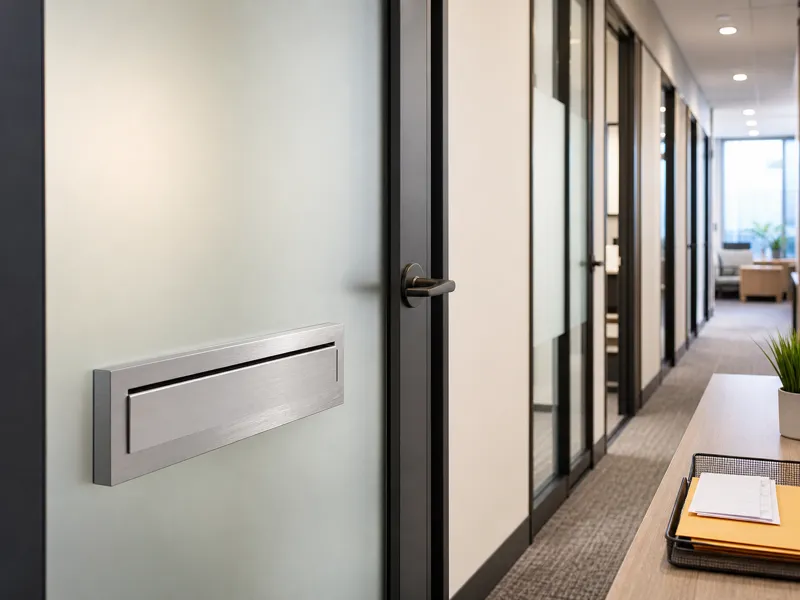 Metal mail slot installed on an office door for reception rooms private rooms and internal document delivery