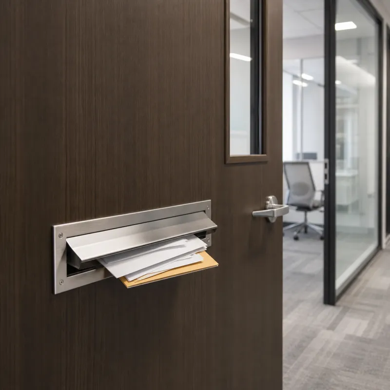 Brushed metal mail slot on a commercial office door for daily letter and document delivery