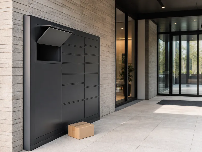 Wall mounted parcel box installed in a hotel corridor for secure limited-space parcel deliveries