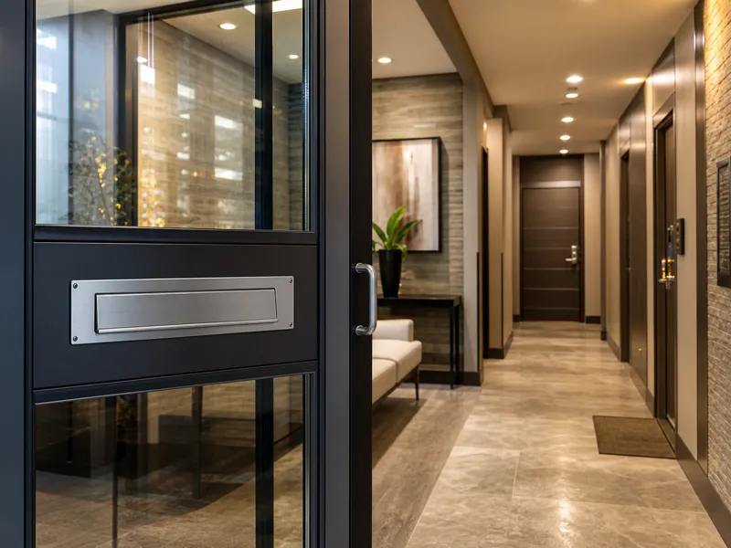 Durable mail slot installed in a shared apartment entrance for multi-unit residential mail delivery