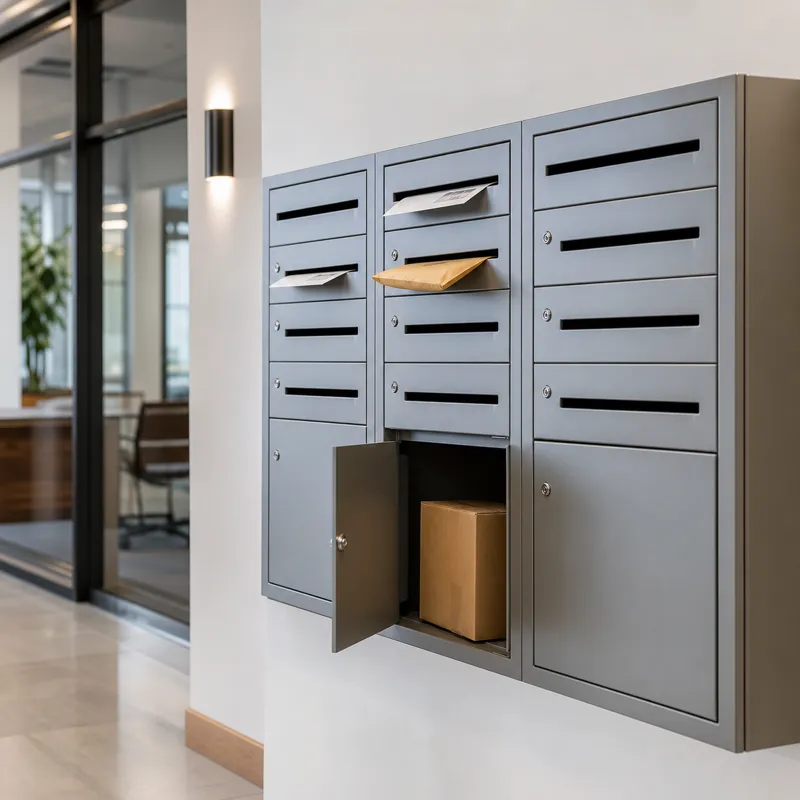 Wall mounted parcel letterboxes with letter slots and small parcel compartments for student housing, staff offices, and shared campus spaces