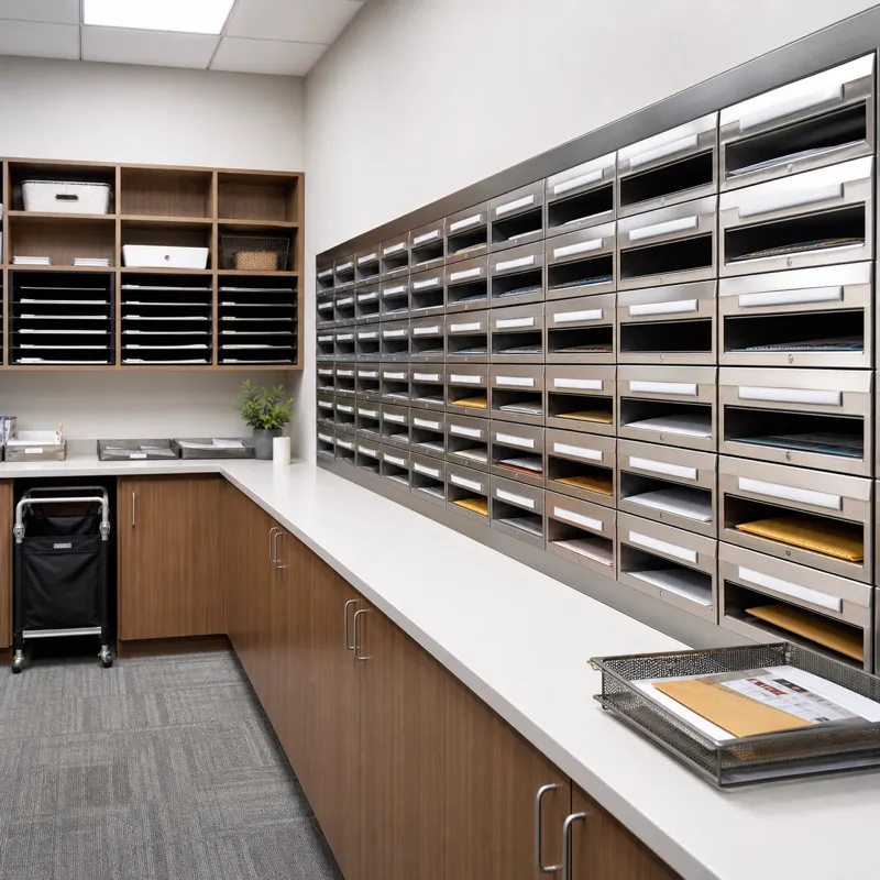 Organized office mailroom with wall mounted mail slots for incoming mail channels and team document sorting