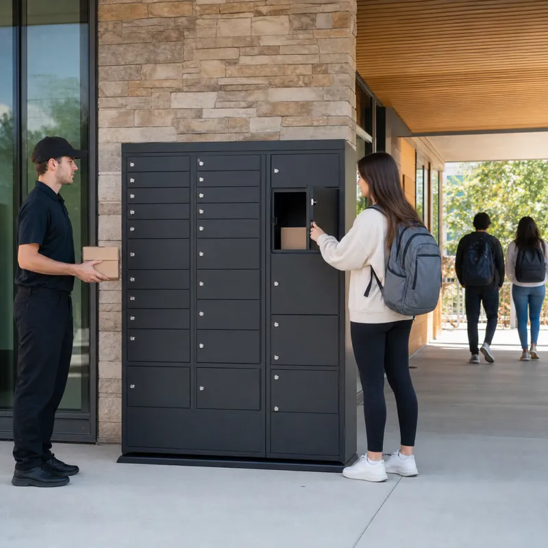 Front access parcel box system at a covered campus entrance where couriers and students use the same side for delivery and collection