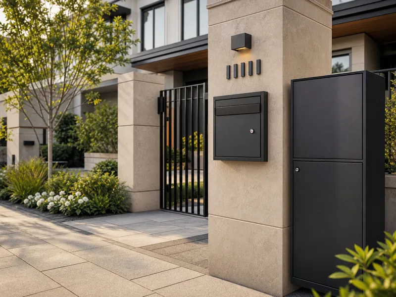 Secure parcel box near a hotel entrance where couriers can place small parcels neatly