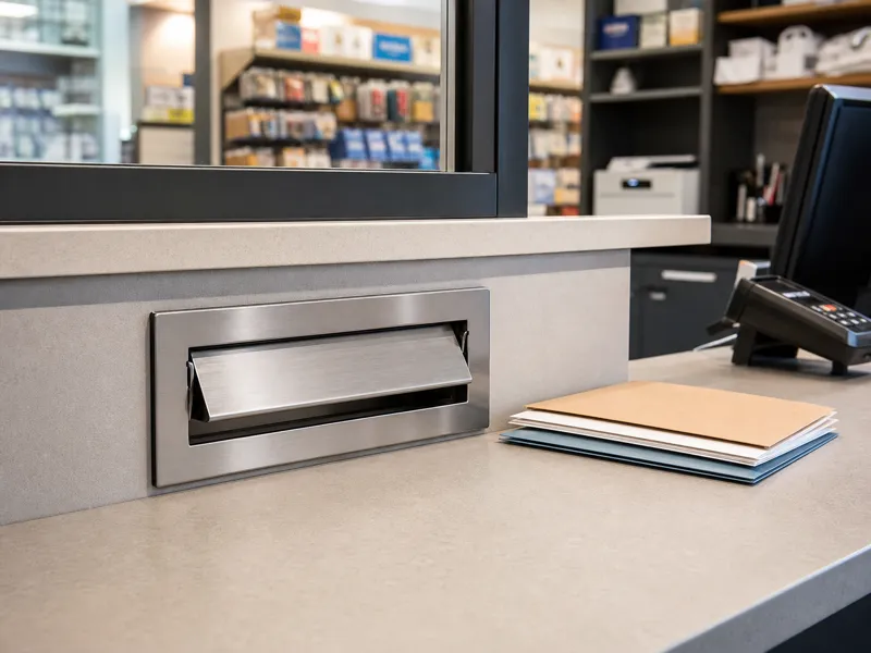 Pass-through mail slot mounted in a retail service counter partition for forms envelopes and document handover