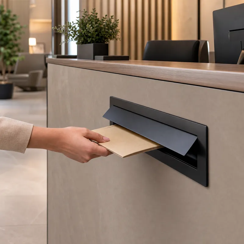 Counter mounted reception mail slot for visitors couriers and staff to leave documents without interrupting front desk work