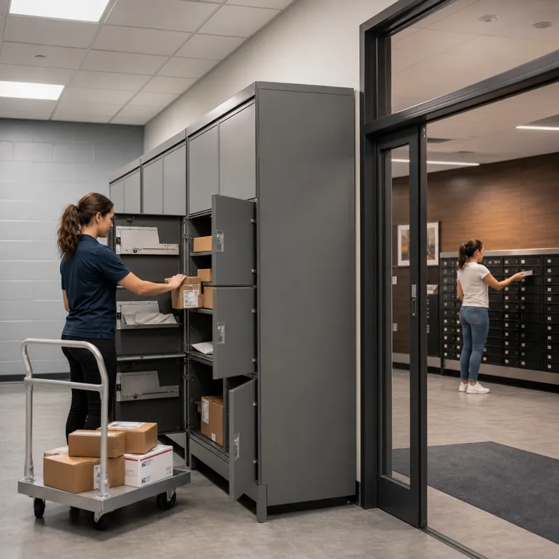 Rear access parcel box system in a university mailroom separating staff delivery handling from front side student parcel collection