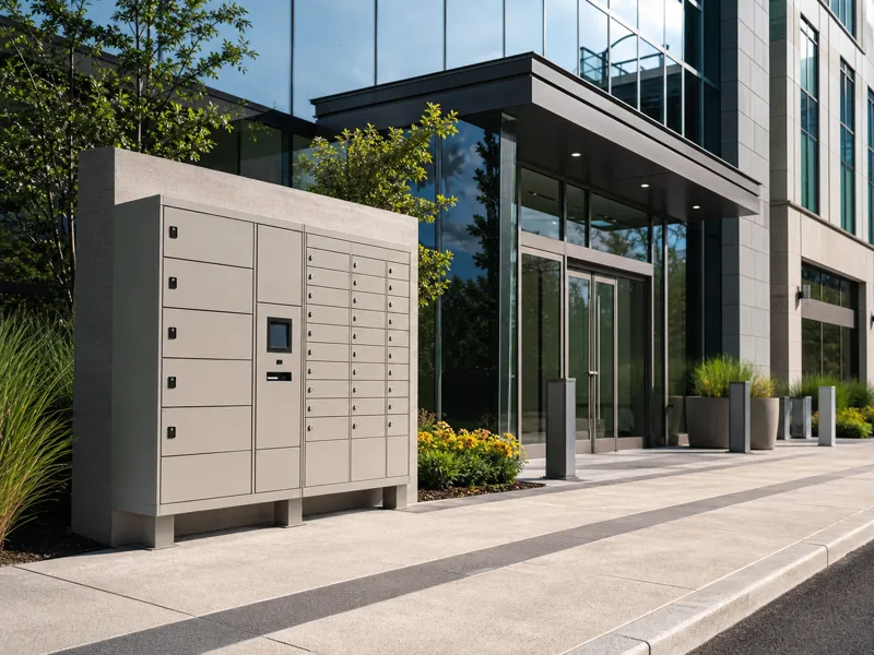 Hotel reception area with organized mailboxes and parcel compartments for guest documents and deliveries