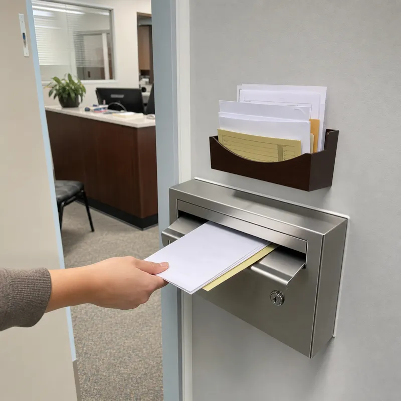 Locking office document drop slot for forms notices reports and internal correspondence in school or clinic administration areas