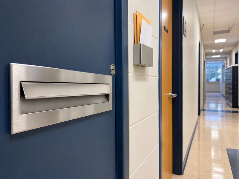 Robust metal mail slot installed in a campus office hallway for administration rooms dormitories and internal mail points
