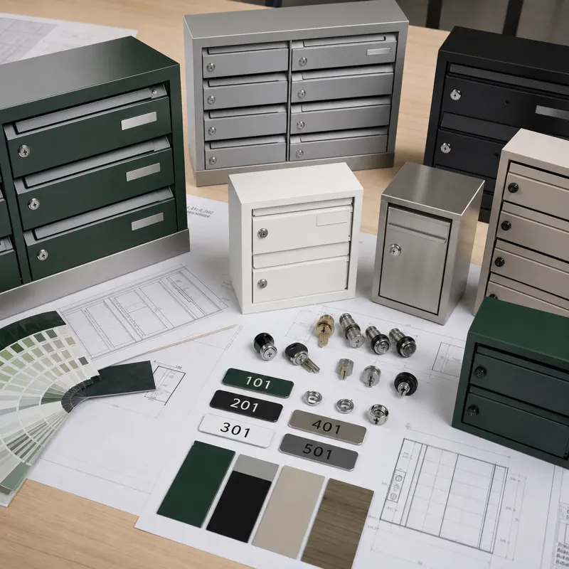 Custom campus letterbox samples with different layouts, finishes, locks, numbering plates, and project planning details