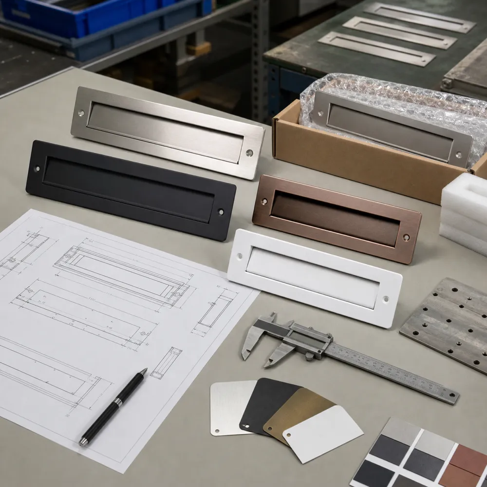 OEM office mail slot samples with custom sizes fixing holes finishes drawings and packaging for commercial hardware projects