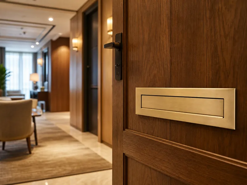 Clean-finish mail slot integrated into a hotel or serviced apartment staff office door
