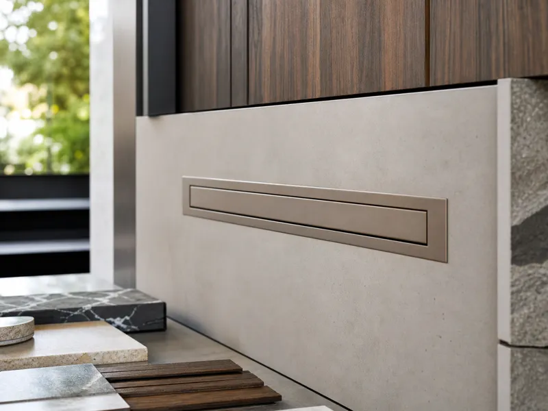 Flush custom mail slot installed in a modern architectural wall panel with matched metal finishes