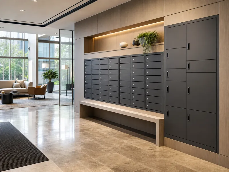 Outdoor parcel box and delivery point near resort villas and shared service buildings