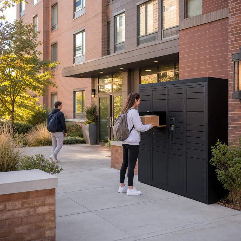 Parcel boxes installed beside a university dormitory entrance to help students collect packages from a secure shared delivery point