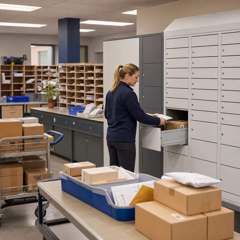 University mailroom with staff sorting letters and parcels into organized campus mailboxes and parcel lockers