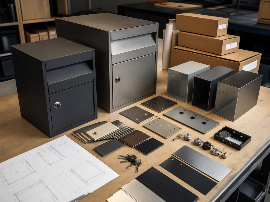 Project team reviewing custom mailbox finishes, room labels, sizing, and parcel box design details