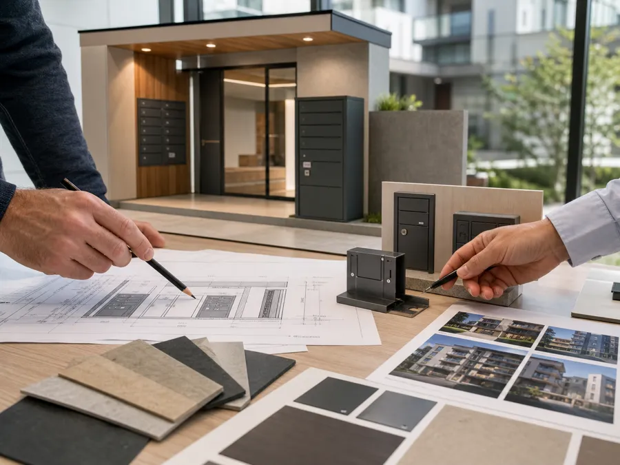 Clean hotel lobby installation with matched mailbox and parcel box finishes keeping reception organized