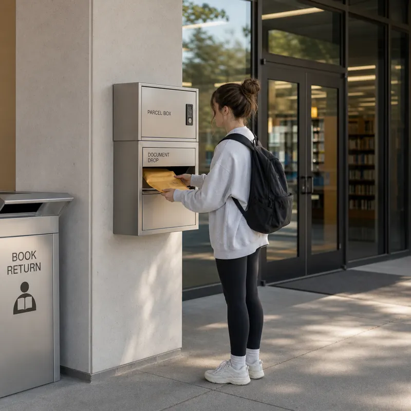 Compact parcel box and document drop point near a university library entrance for returns, documents, and small package deliveries