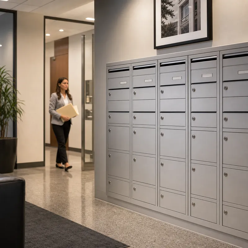 Campus mailbox wall in a university administration building for staff offices, department mail, and internal document delivery