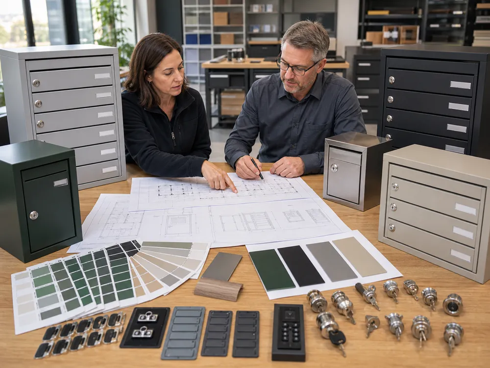 University mailbox and parcel box project planning table with layout drawings, color swatches, locks, numbering plates, and custom sample modules