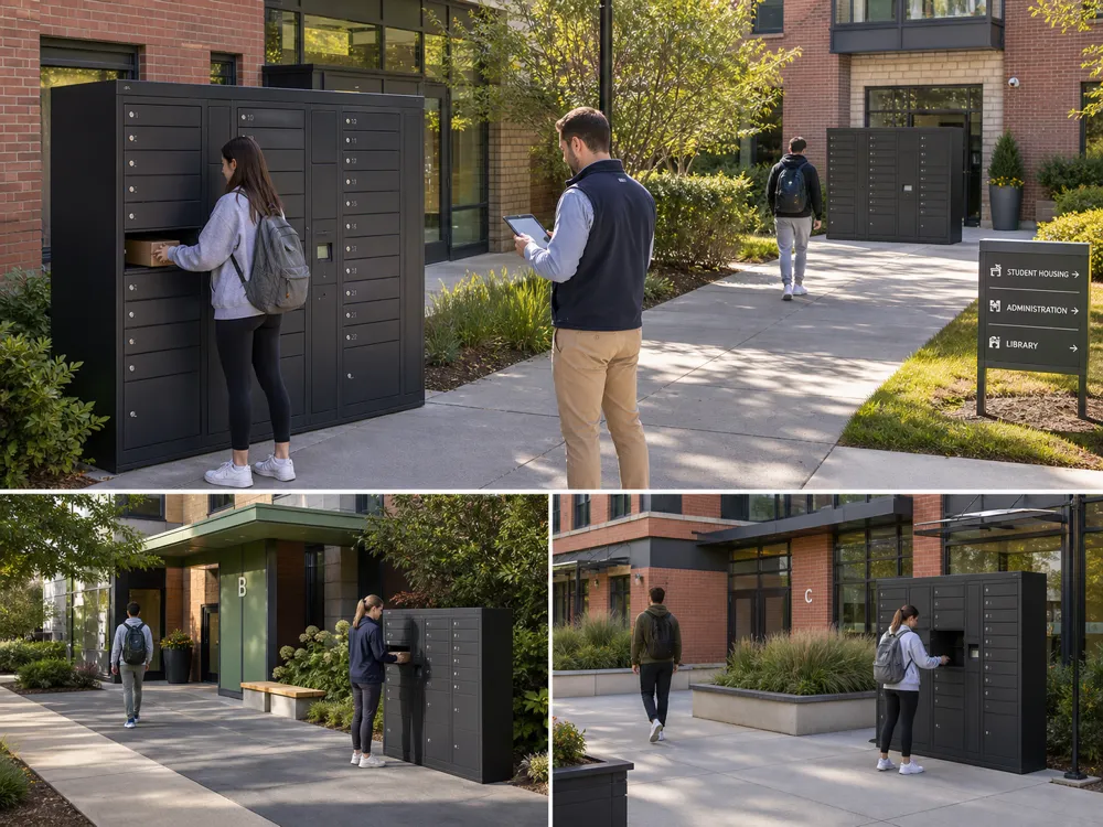 Campus-wide parcel box and mailbox installations showing organized student delivery flow, building-based layouts, and multi-site support