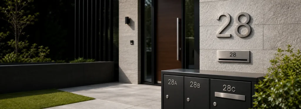 Custom metal house numbers, letterbox signs, parcel box numbers, mailbox numbers, and entrance address signs for modern outdoor projects.