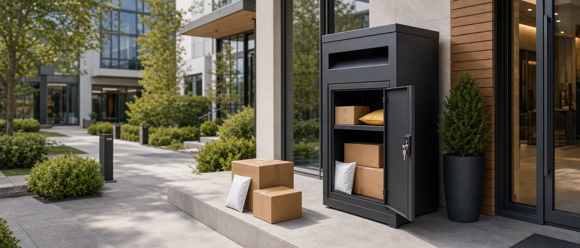 Wide hero image showing secure parcel boxes for home delivery apartments offices and custom parcel drop box projects.