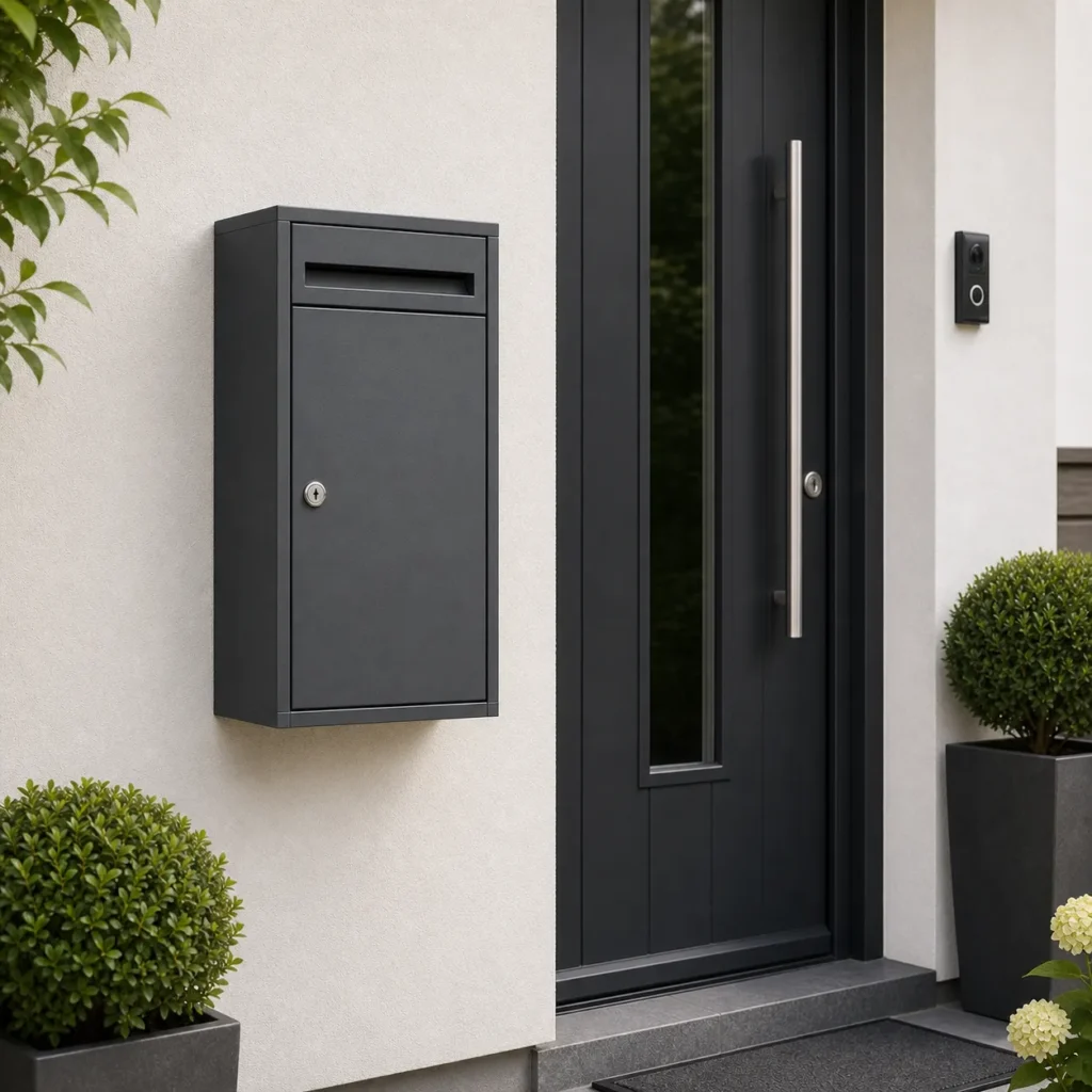 Anthracite grey large wall mounted parcel letter box with letter slot and key lock installed beside a modern residential entrance