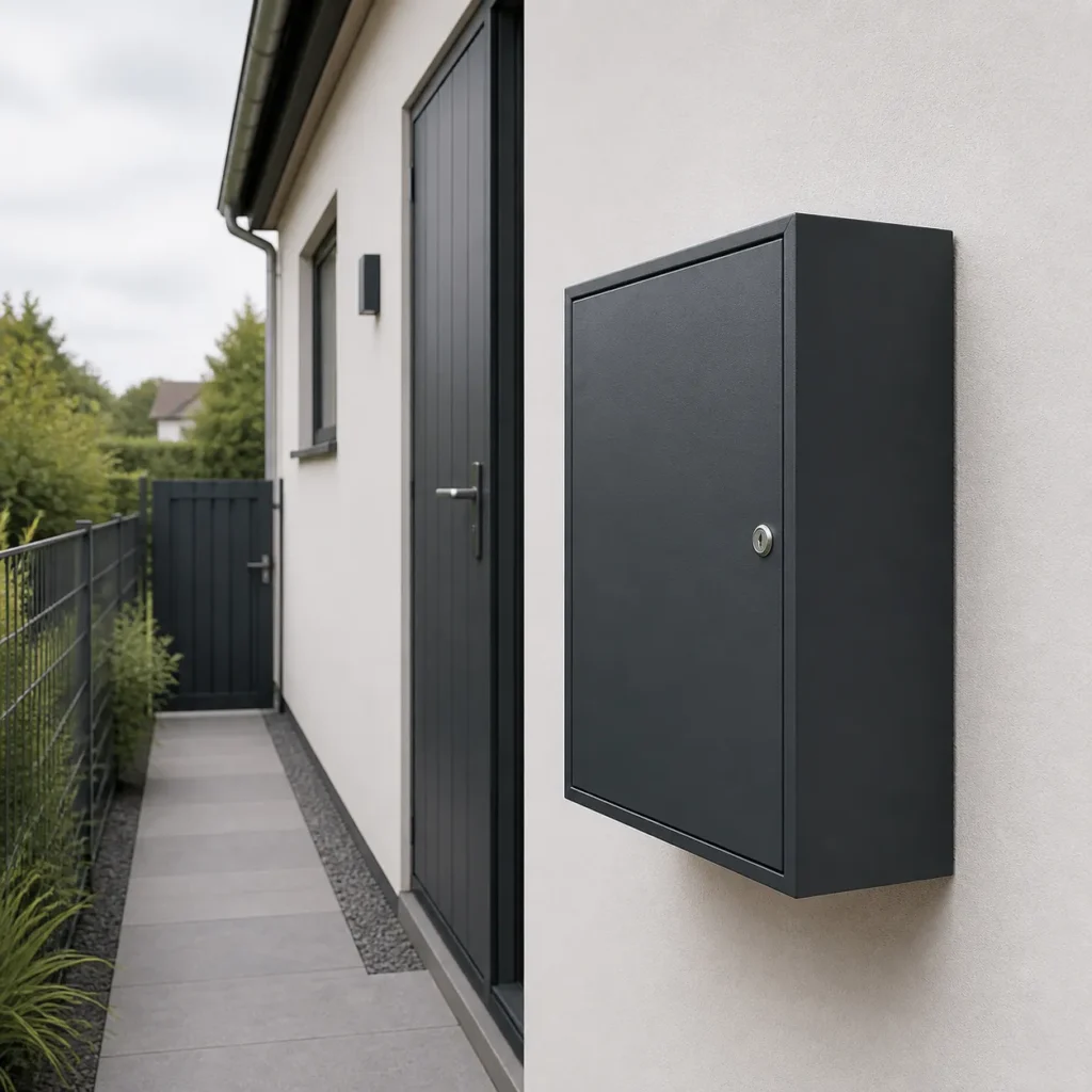 Anthracite grey large wall mounted parcel box installed on a contemporary home exterior wall with visible side depth