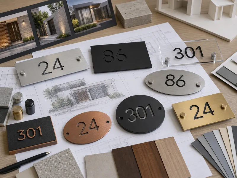 Custom address sign design samples for architects builders and project designers with matched entrance details