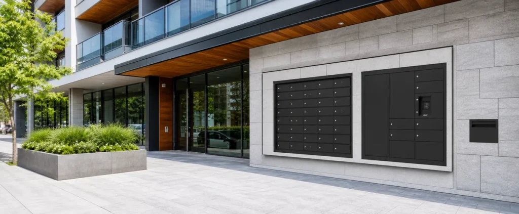 Architectural mailbox and parcel box solutions integrated into a modern building entrance for architects and project developers.