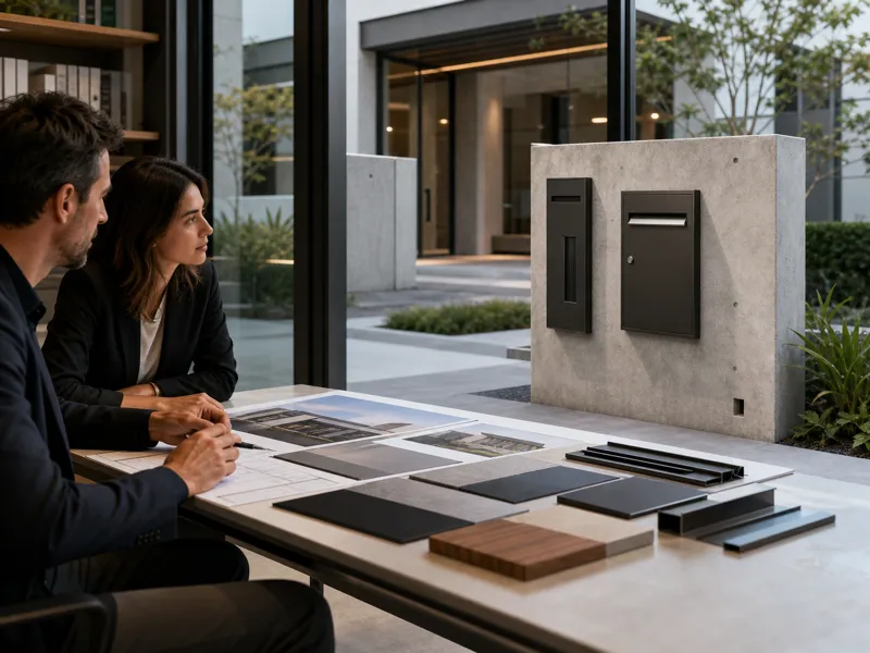 Custom mailbox and parcel box solution integrated with architectural building design, sizing, and finishes